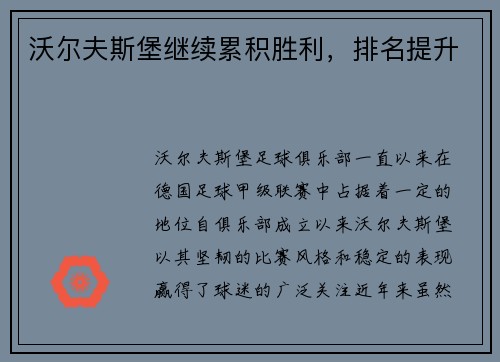 沃尔夫斯堡继续累积胜利，排名提升