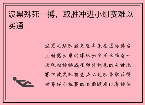 波黑殊死一搏，取胜冲进小组赛难以买通