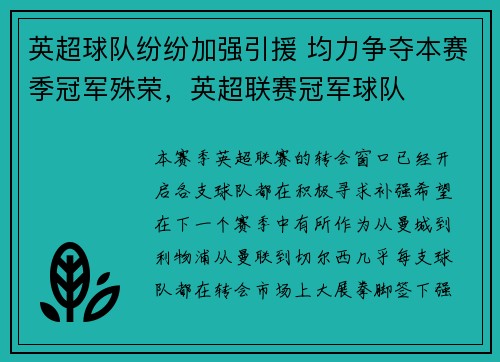 英超球队纷纷加强引援 均力争夺本赛季冠军殊荣，英超联赛冠军球队