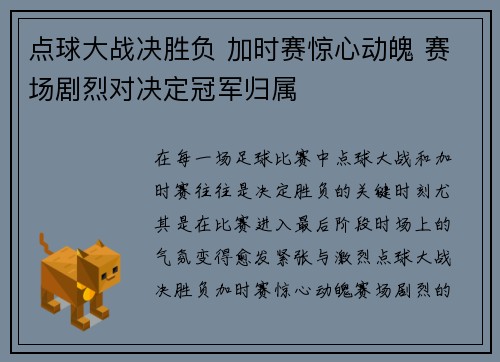 点球大战决胜负 加时赛惊心动魄 赛场剧烈对决定冠军归属