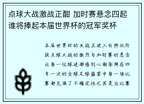 点球大战激战正酣 加时赛悬念四起 谁将捧起本届世界杯的冠军奖杯