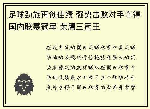 足球劲旅再创佳绩 强势击败对手夺得国内联赛冠军 荣膺三冠王