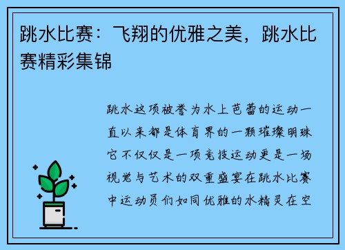 跳水比赛：飞翔的优雅之美，跳水比赛精彩集锦